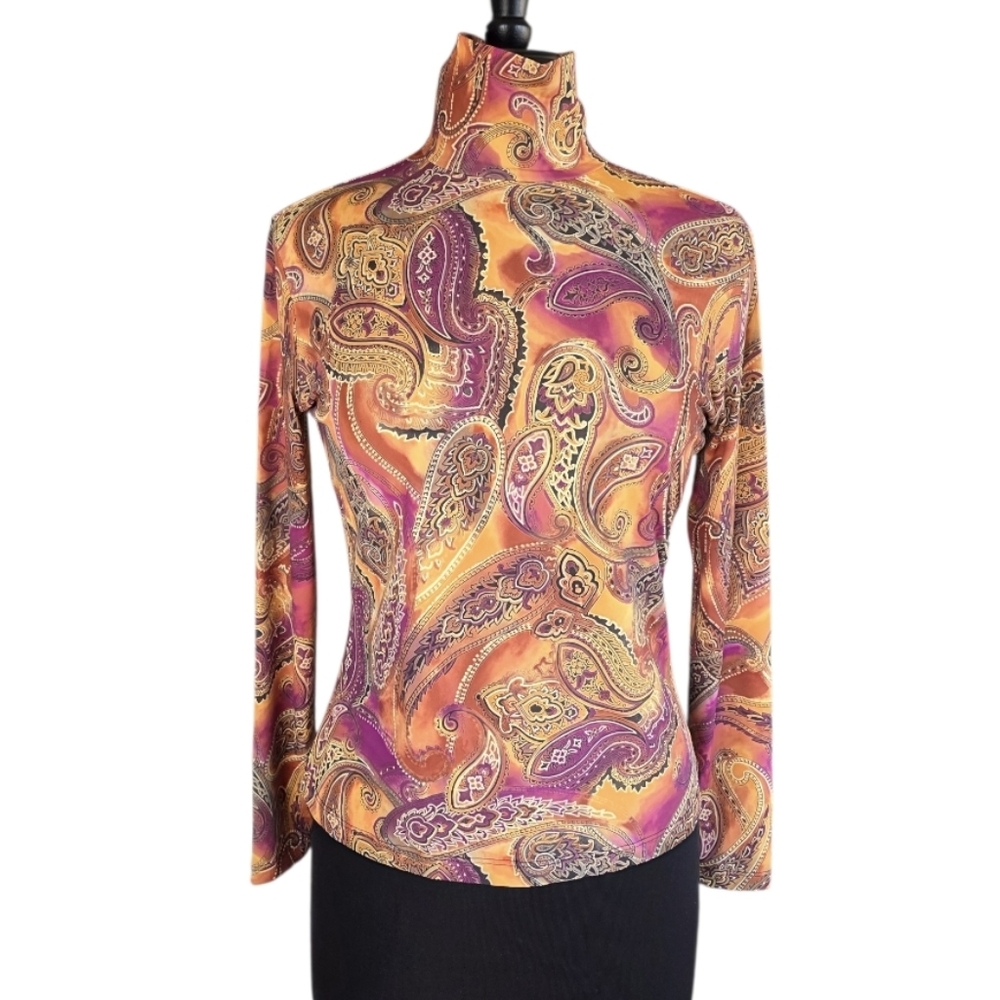 Vintage Y2K St. John Multicolor Paisley Turtleneck Blouse 2002 Luxury Boho Chic